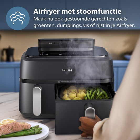 Philips 5000 Series Dual Basket Airfryer - NA551/00 - Stoomfunctie - Dubbele Mand - 9L - Tot 6 Personen