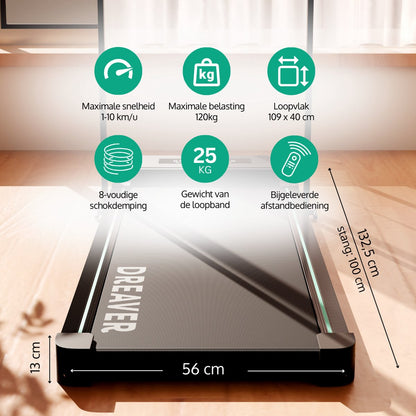 Dreaver 2-in-1 Loopband Inklapbaar 1-10km/u - Inclusief Beschermmat & E-book - Hardloopband - Treadmill - Wandelband - Walking pad - Voor Thuis - Elektrisch - Opvouwbaar