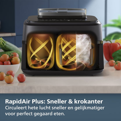 Philips 5000 Series Dual Basket Airfryer - NA551/00 - Stoomfunctie - Dubbele Mand - 9L - Tot 6 Personen