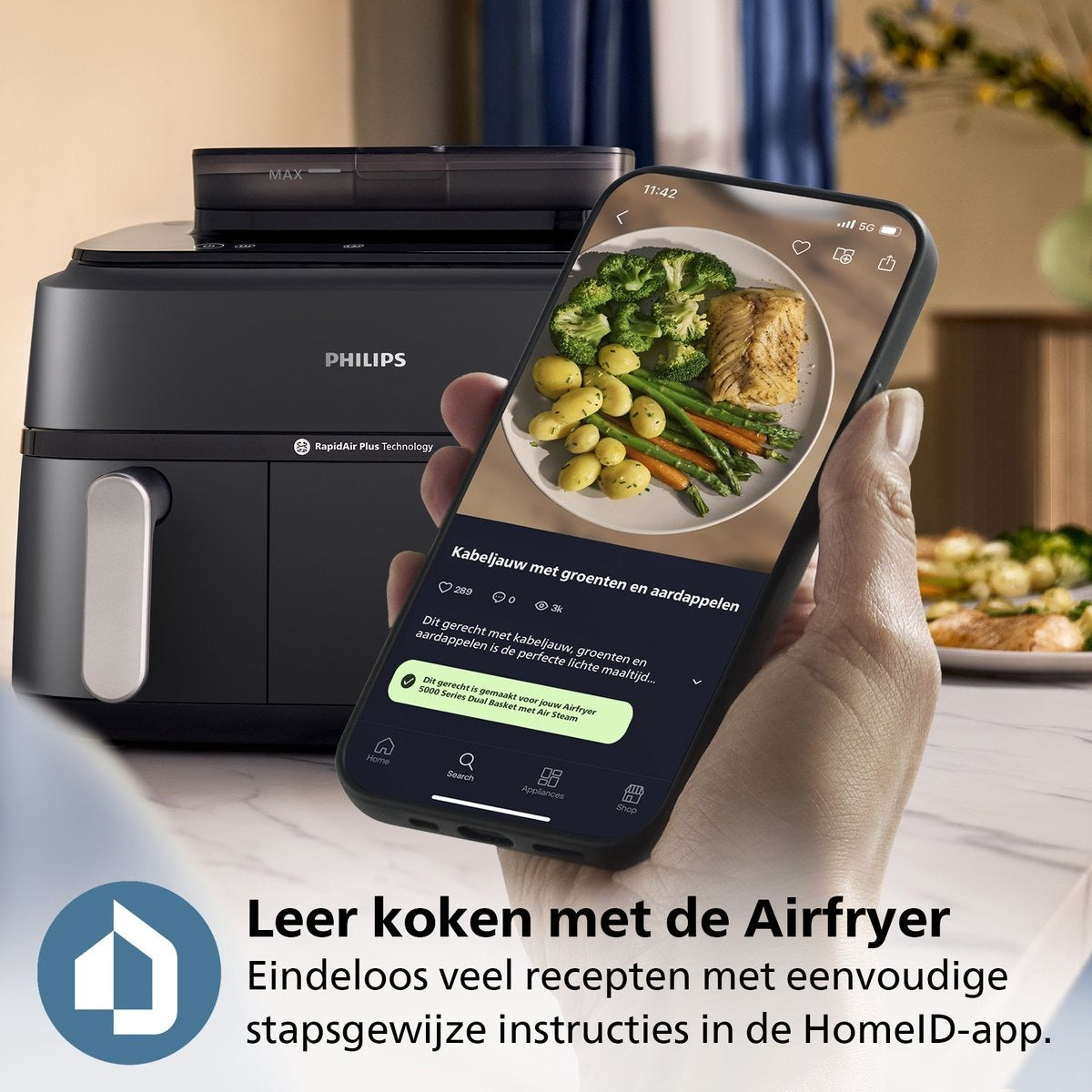 Philips 5000 Series Dual Basket Airfryer - NA551/00 - Stoomfunctie - Dubbele Mand - 9L - Tot 6 Personen