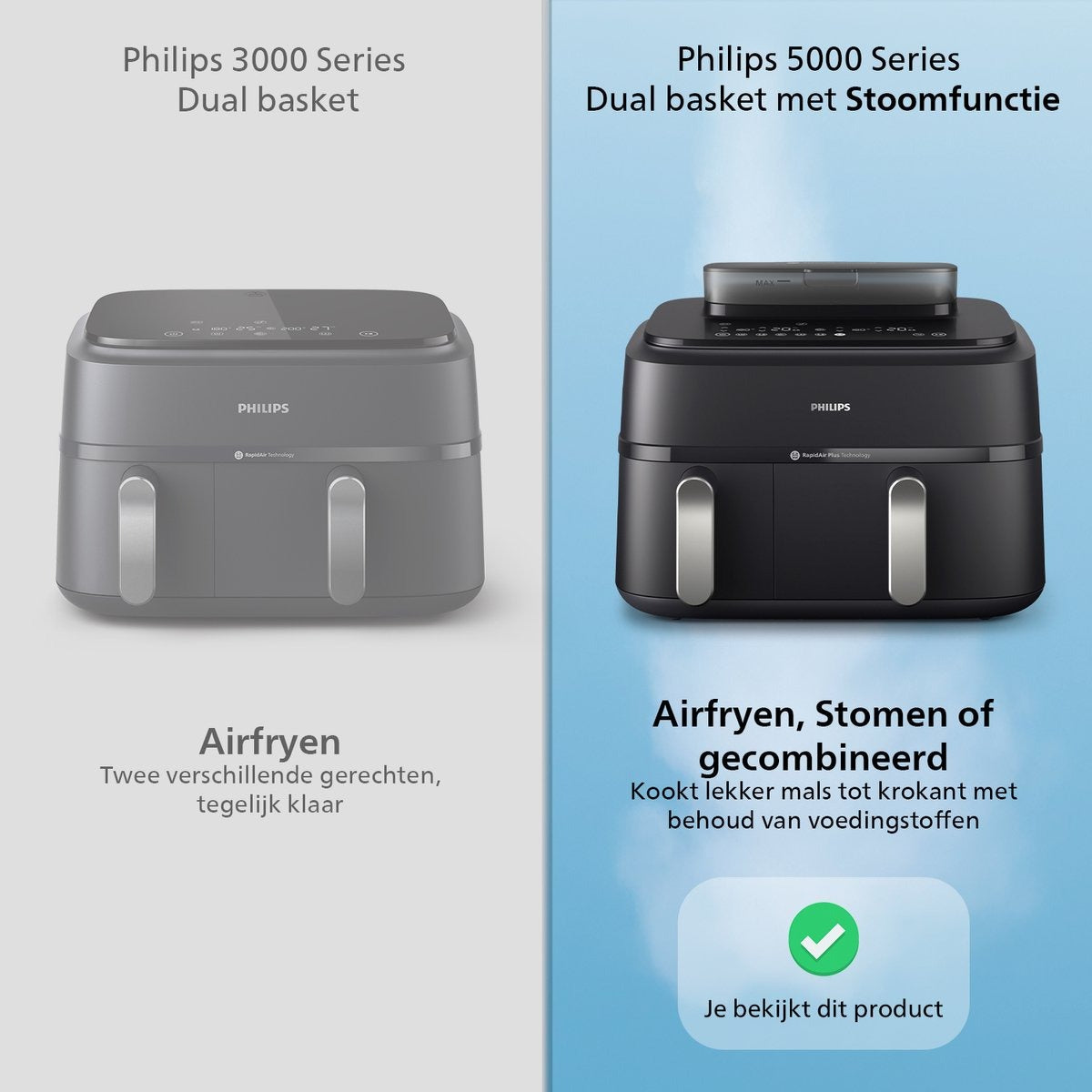 Philips 5000 Series Dual Basket Airfryer - NA551/00 - Stoomfunctie - Dubbele Mand - 9L - Tot 6 Personen