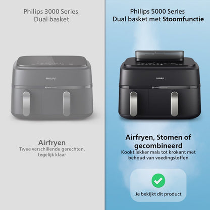 Philips 5000 Series Dual Basket Airfryer - NA551/00 - Stoomfunctie - Dubbele Mand - 9L - Tot 6 Personen