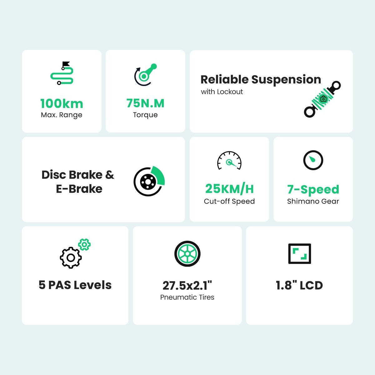 Touroll J1 ST 27,5 inch Trekking Bike met 250W Motor, 36V 15.6Ah Batterij, Max 100km Bereik, 1.8" LCD Display Shimano 7-Speed Schijfrem - Zwart
