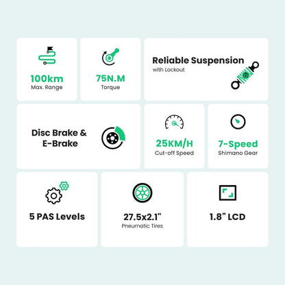 Touroll J1 ST 27,5 inch Trekking Bike met 250W Motor, 36V 15.6Ah Batterij, Max 100km Bereik, 1.8" LCD Display Shimano 7-Speed Schijfrem - Zwart