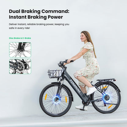 Touroll J1 ST 27,5 inch Trekking Bike met 250W Motor, 36V 15.6Ah Batterij, Max 100km Bereik, 1.8" LCD Display Shimano 7-Speed Schijfrem - Zwart