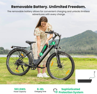 Touroll J1 ST 27,5 inch Trekking Bike met 250W Motor, 36V 15.6Ah Batterij, Max 100km Bereik, 1.8" LCD Display Shimano 7-Speed Schijfrem - Zwart