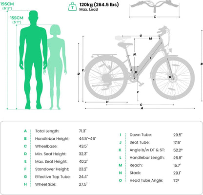 Touroll J1 ST 27,5 inch Trekking Bike met 250W Motor, 36V 15.6Ah Batterij, Max 100km Bereik, 1.8" LCD Display Shimano 7-Speed Schijfrem - Zwart