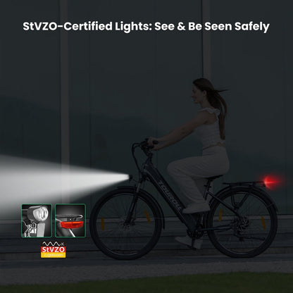 Touroll J1 ST 27,5 inch Trekking Bike met 250W Motor, 36V 15.6Ah Batterij, Max 100km Bereik, 1.8" LCD Display Shimano 7-Speed Schijfrem - Zwart