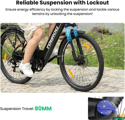 Touroll J1 ST 27,5 inch Trekking Bike met 250W Motor, 36V 15.6Ah Batterij, Max 100km Bereik, 1.8" LCD Display Shimano 7-Speed Schijfrem - Zwart