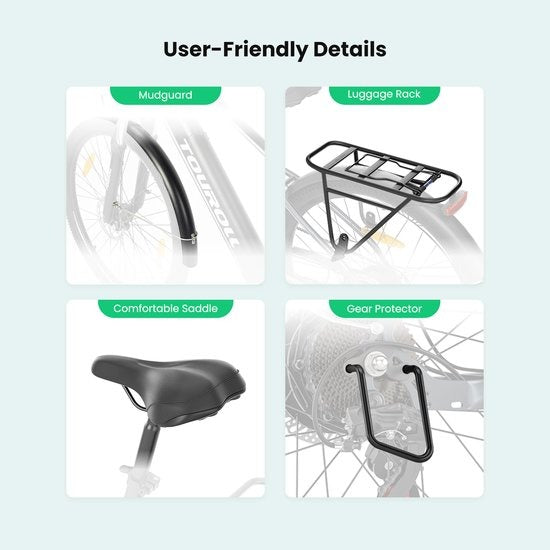 Touroll J1 ST 27,5 inch Trekking Bike met 250W Motor, 36V 15.6Ah Batterij, Max 100km Bereik, 1.8" LCD Display Shimano 7-Speed Schijfrem - Zwart