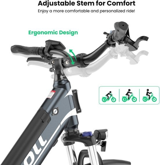 Touroll J1 ST 27,5 inch Trekking Bike met 250W Motor, 36V 15.6Ah Batterij, Max 100km Bereik, 1.8" LCD Display Shimano 7-Speed Schijfrem - Zwart