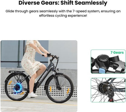 Touroll J1 ST 27,5 inch Trekking Bike met 250W Motor, 36V 15.6Ah Batterij, Max 100km Bereik, 1.8" LCD Display Shimano 7-Speed Schijfrem - Zwart